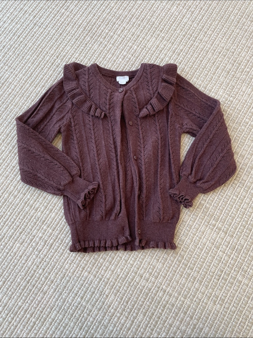 Jamie Kay Ruffle-Trim Pointelle Cardigan — Brown